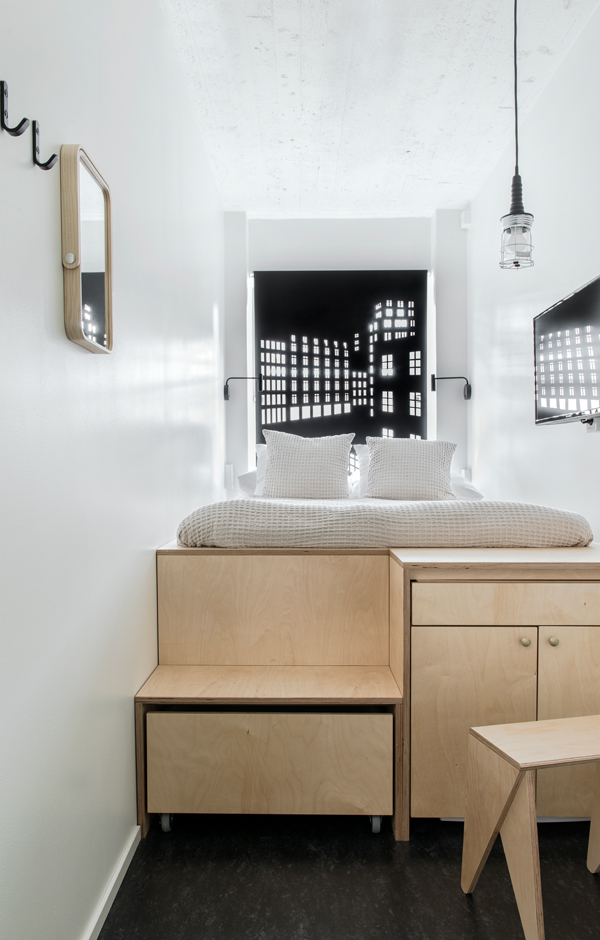 Forenom Hostel Jyväskylä compact mini bedroom plywood Designed by Studio Puisto Architects